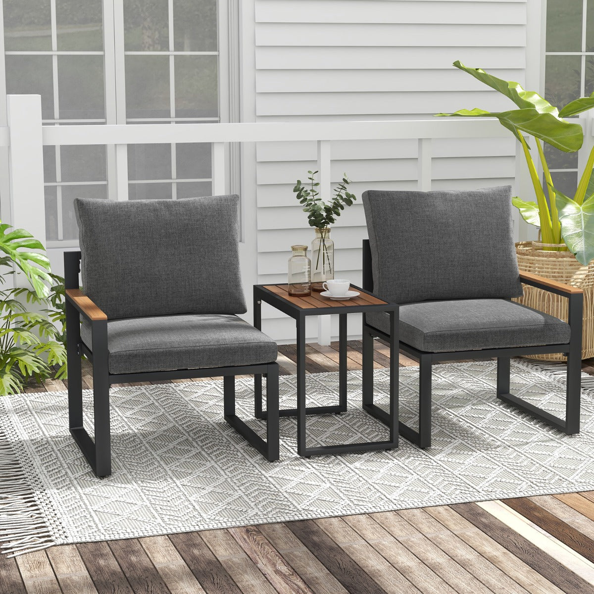 3 Pieces Patio Furniture Set with Soft Cushions for Backyard, Poolside, Porch, Balcony-Grey